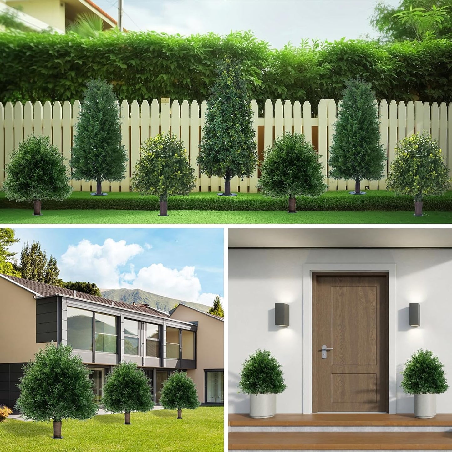 20" Artificial Cedar Topiary Ball Trees with Ground Spike, 2 Pack UV Resistant Artificial Shrubs, Fake Evergreen Artificial Plant Brush for Indoor Outdoor Front Porch Garden