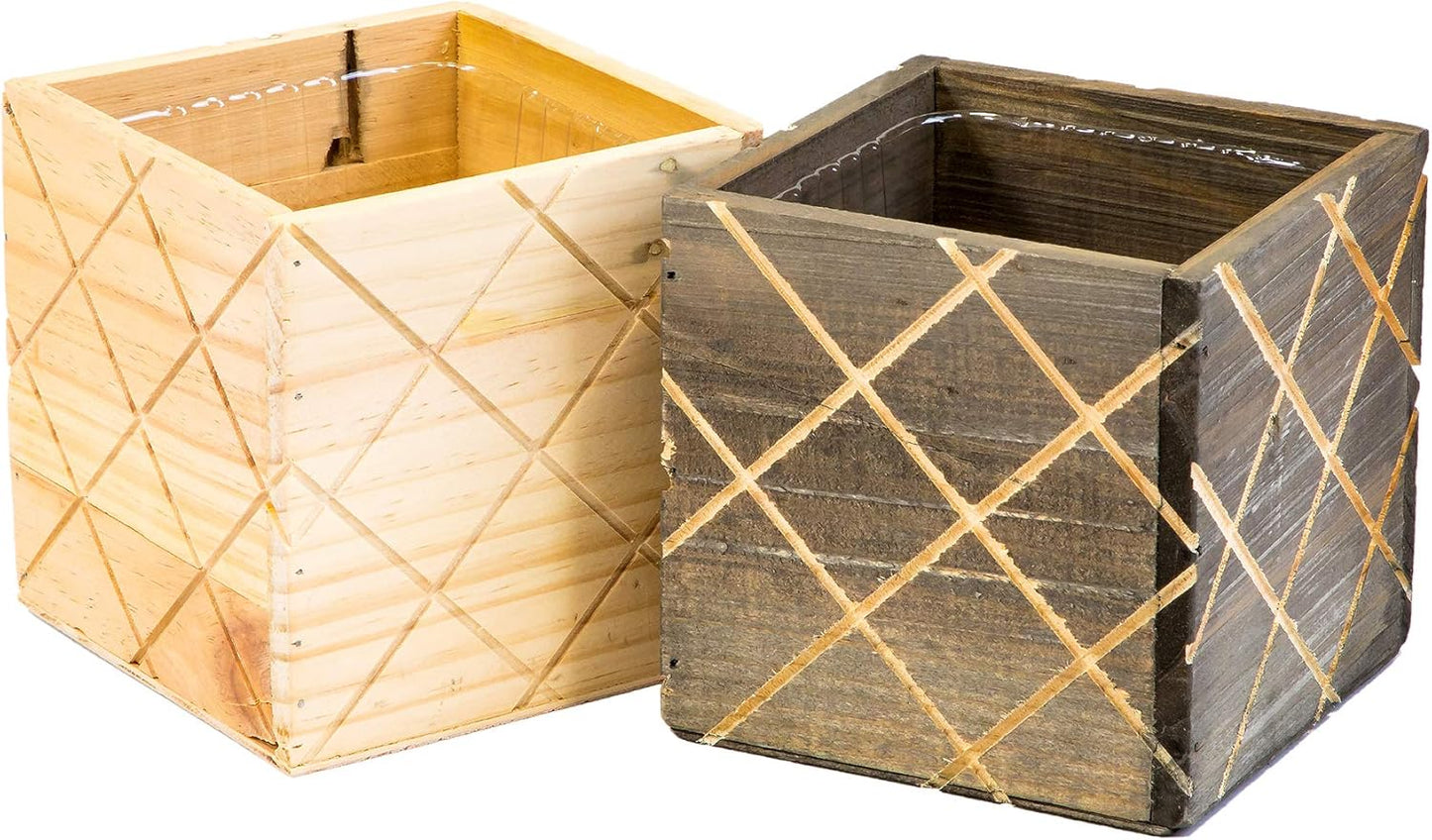 Wood Planter Box with Diamond Cross Hatch Style, 5 Inch Square, Rustic Barn Wood, Plastic Liner, Wedding Flowers Holder, Home and Venue Decor (5x5 Diamond Cross Hatch Set of 4, Natural)
