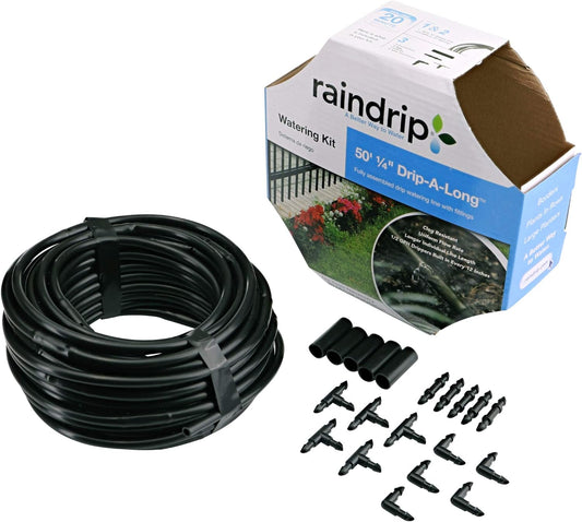 Raindrip R280DT Drip-A-Long™ 1/4 in. Dripline Kit includes 50 feet of 1/4-Inch Dripline preassembled with 1/2 GPH drippers, 5 Barbed Tees, 5 Barbed Elbows, 5 Barbed Couplings, 5 End Plugs