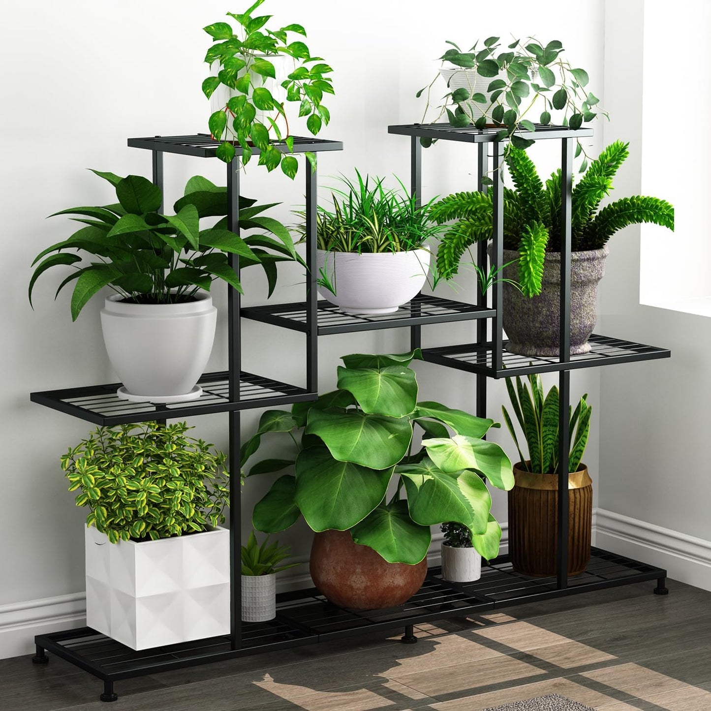 Metal Plant Stand, 5 Tiers Multifunctional Plant Stands for Indoor Plants, Decorative Black Steel Plant Shelf for Indoor Patio Garden Balcony and Yard (4 tiers 12 pots)