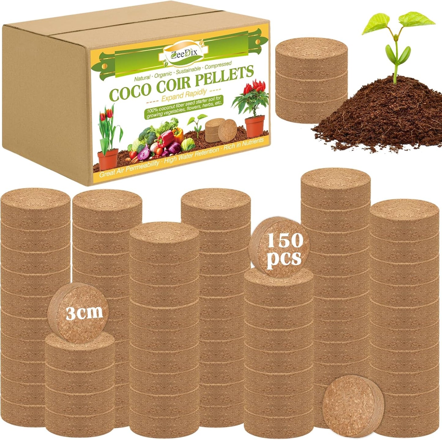 ZeeDix Organic Coco Coir Pellets Potting Soil, 150pcs 30mm Compressed Coconut Fiber Seed Starter Soil Pellets, Coco Peat Soil Discs for Indoor Outdoor Plants, Herbs, Houseplants, Flowers, Vegetables