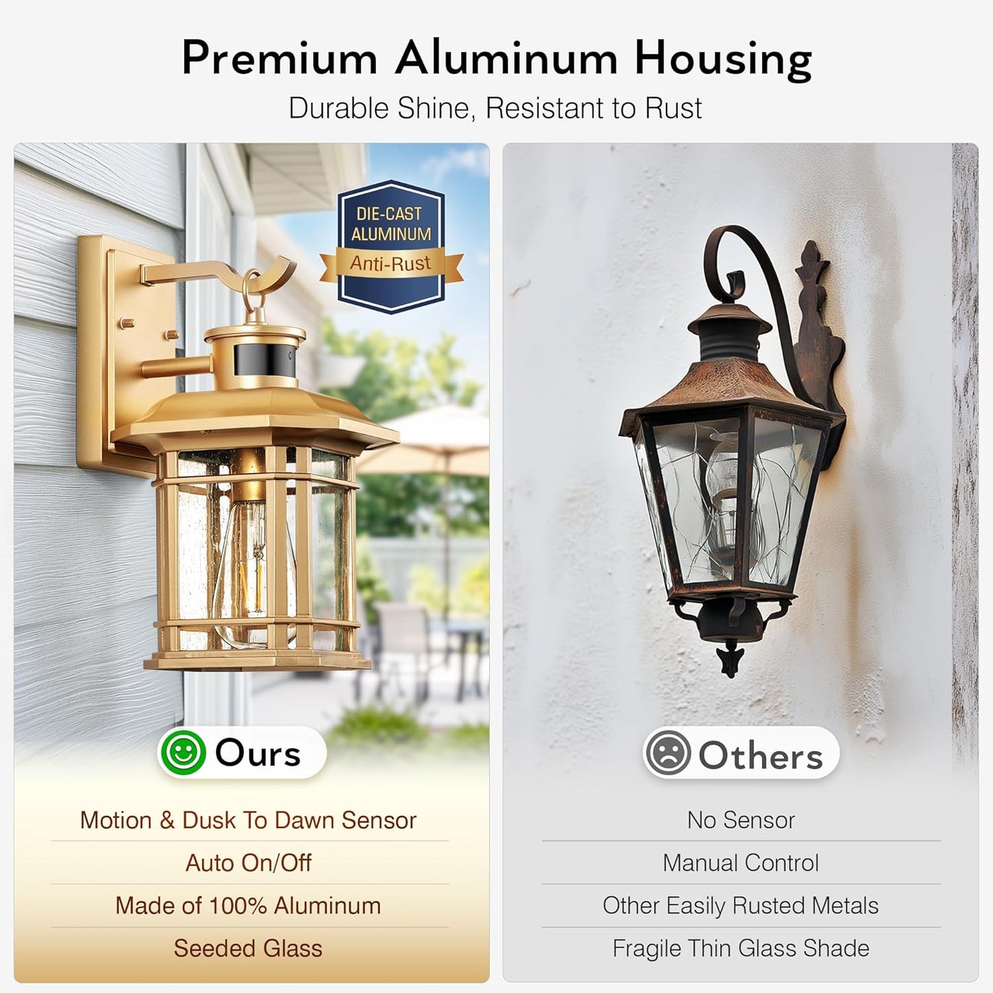 VIANIS Motion Sensor Porch Light, Gold Outdoor Light Fixture Dusk to Dawn, Outdoor Motion Sensor Light Wall Mount, Waterproof, Weather Resistant Carriage Lantern for House, Garage, Front Door