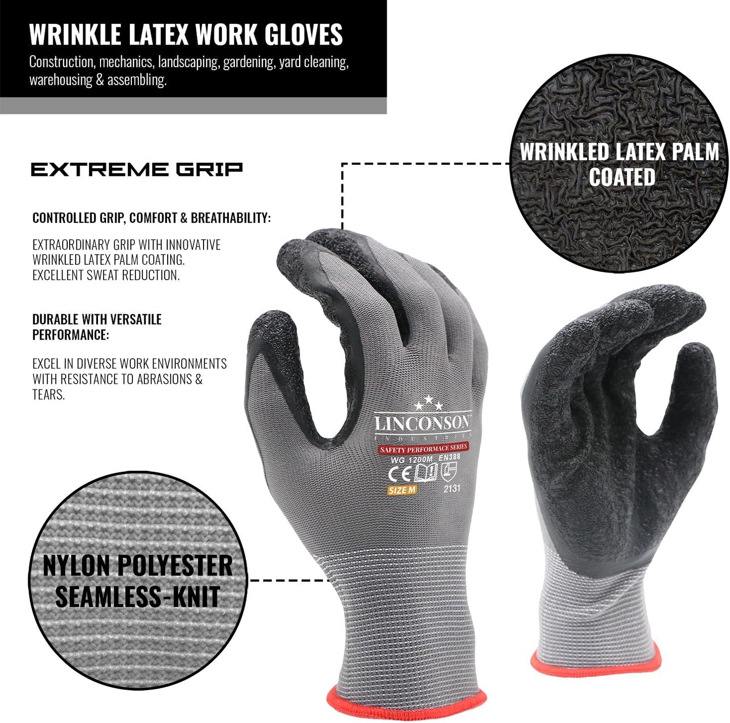 linconson 12 Pack Safety Performance Series Construction Mechanics Wrinkle Latex Work Gloves