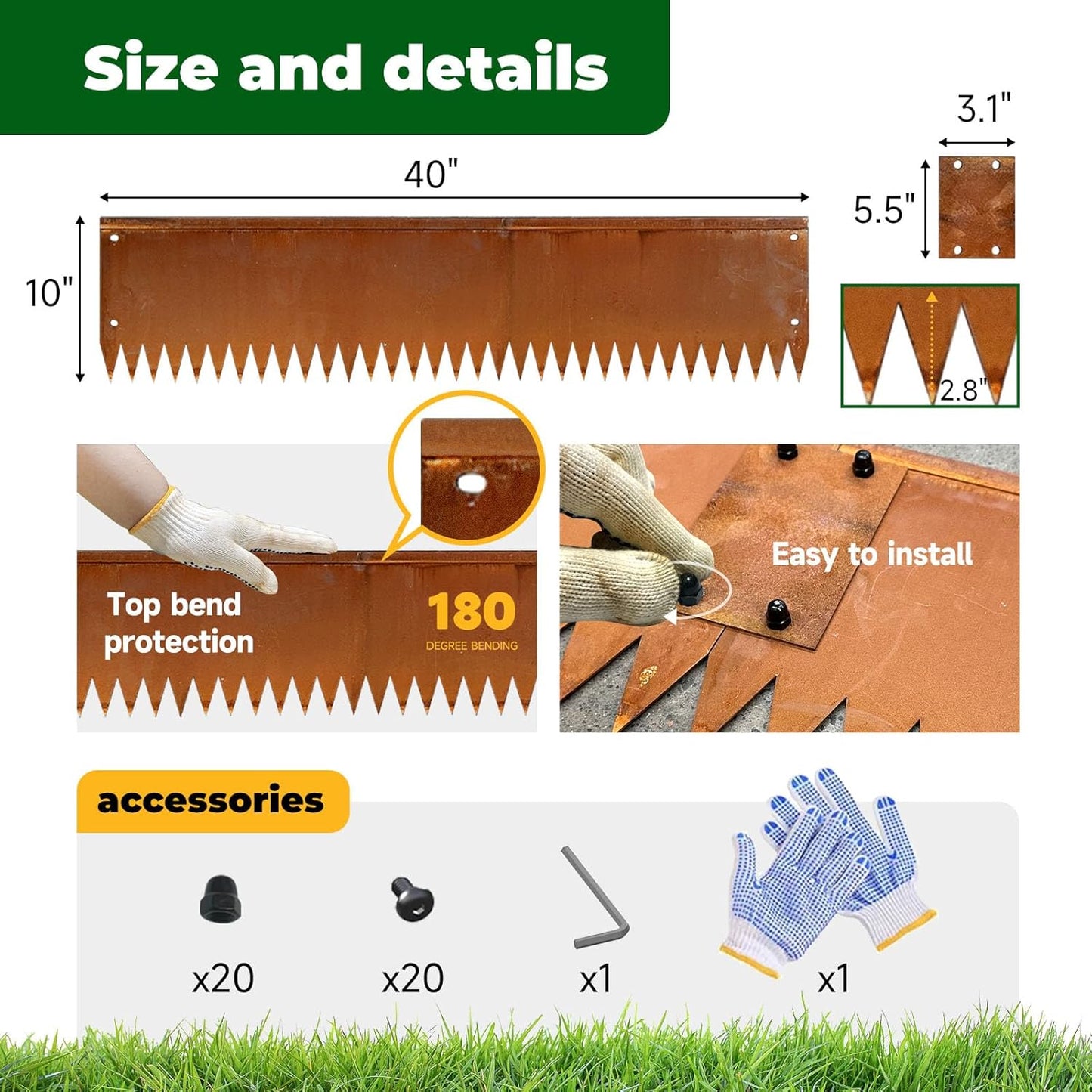 Cor Ten Steel Garden Metal Landscape Edging 40 inch with Top Bending Protection Pre-Rusted Cor Ten Steel Garden Edging 6 Pack Edge for Lawn Yard (10 inch-180 Degree Bend, Rusted)