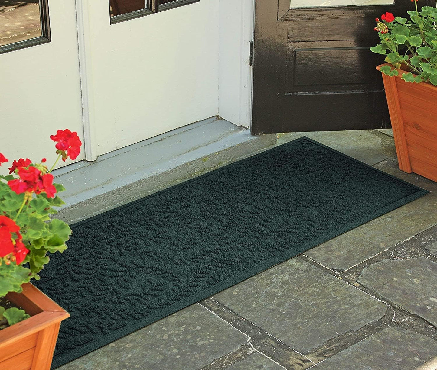 WaterHog Indoor/Outdoor Door Mat, 2' x 5', Made in USA, Durable & Skid-Resistant Front Door Rug, Decorative, Water-Trapping & Heavy-Duty Entryway Floor Mat For Your Home, Boxwood Collection, Evergreen