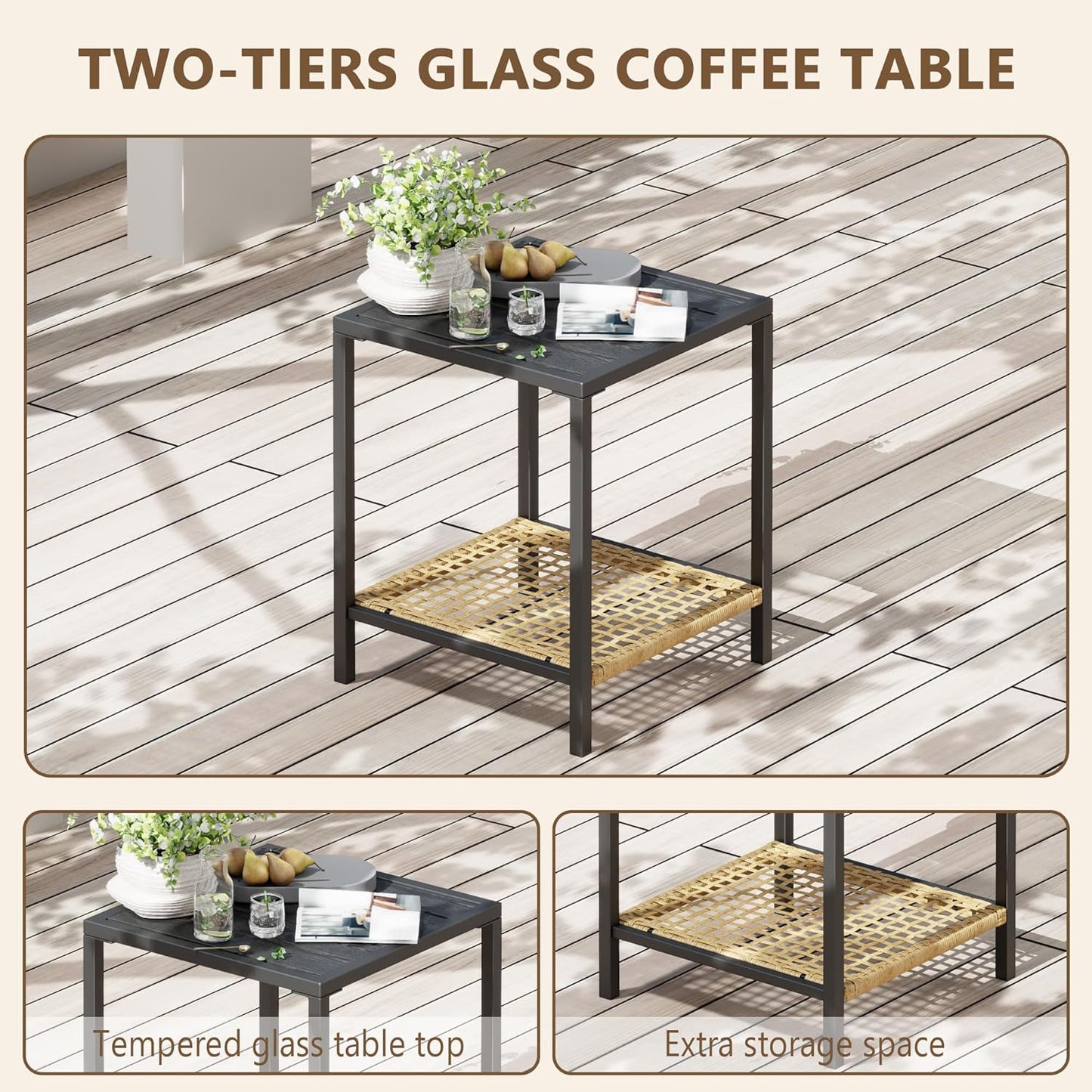 3 Piece outdoor swivel chair set of 2, outdoor swivel patio chairs with Wood-Grain Tabletop Coffee Table and 6" Thick backrest, front porch furniture for Patio, Backyard, Deck, Poolside(Beige)