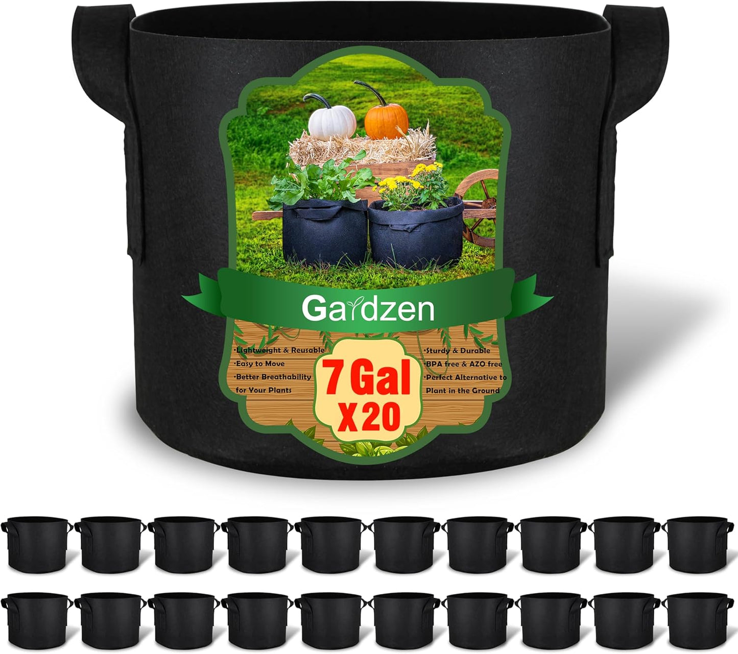 Gardzen 20-Pack 7 Gallon Grow Bags, Aeration Fabric Pots with Handles, Heavy Duty Plant Bags for Plants