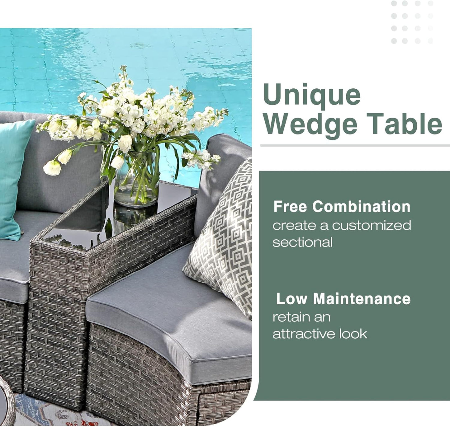 SUNSITT Outdoor Patio 8-Piece Half Moon Curved Furniture Sofa Set Grey Wicker Sectional Sofa Light Grey Cushions with 2 Side Table