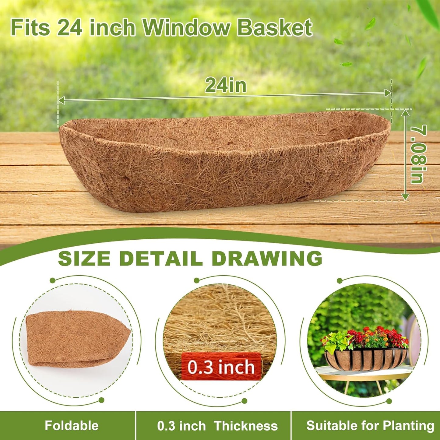 2 Pack 24 Inch Trough Coco Liner for Planters, Pre-Formed Coconut Coir Replacement Liner, Natural Coconut Fiber for Window Flower Box, Fence Flower Baskets, Garden Flower Pot