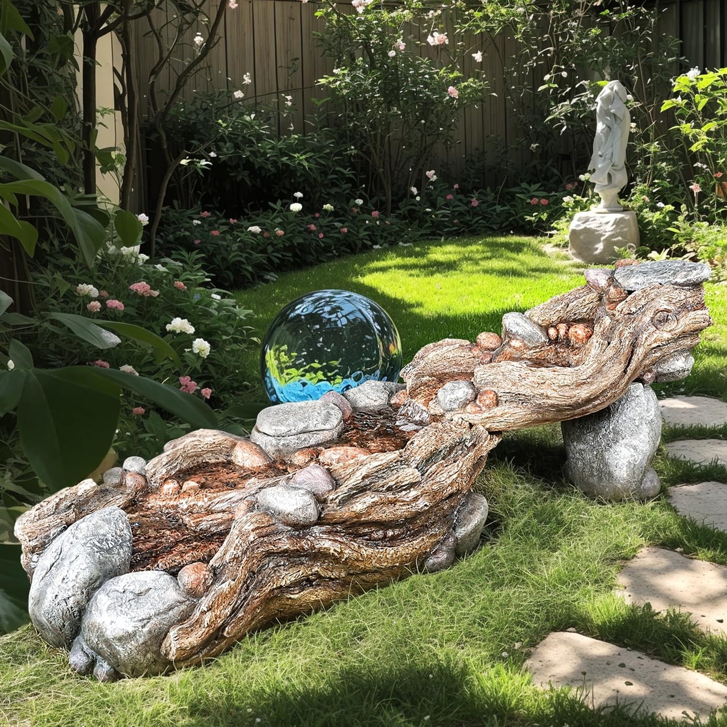 60" Long Cascading Outdoor Rock Water Fountain, 5-Tier Tranquil River Waterfall, Realistic Rock Design, Serene Flowing Water Sound for Outdoor Garden, Patio, Landscaping, Home Decor