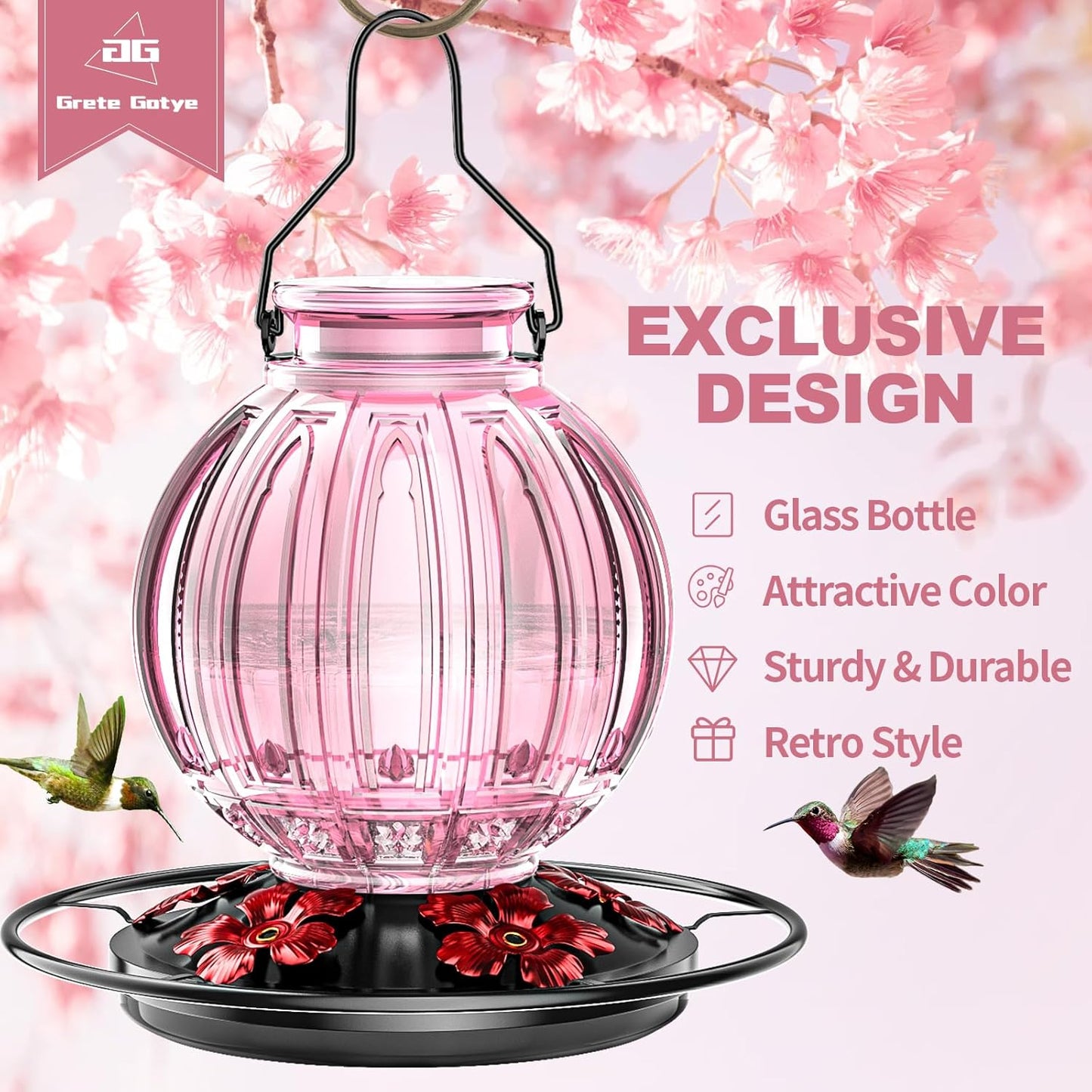 Glass Hummingbird Feeder for Outdoors Hanging, Bird Nectar Feeder with Perch & 5 Flower Feeding Ports, 26 Oz Leak Proof for Outside Garden Decor Backyard, Gifts for Women Mom, Pink