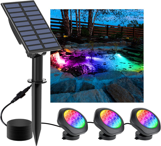 Solar Pond Lights, 18 LED Super Bright RGB LED Underwater Spotlights Color Changing Submersible Pond Light IP68 Waterproof Fountain Lights for Fish Aquarium Tank Garden Yard Pool (3-in-1)