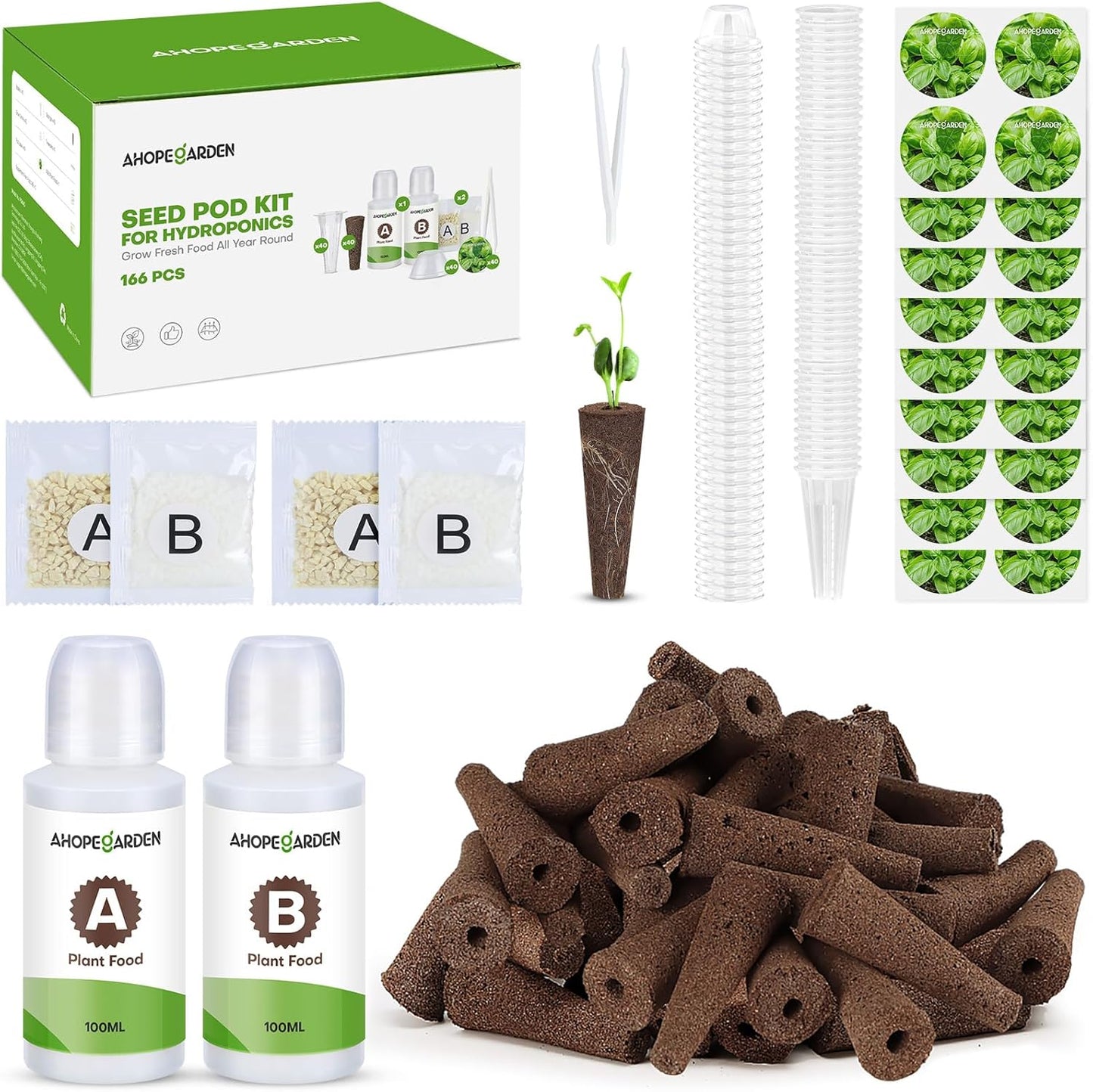 Ahopegarden 166PCS Hydroponic Pods Herb Kit: Grow Anything Kit With 600ml A&B Plant Food, 40 Grow Sponges, 40 Baskets, 40 Domes, 40 Labels, 1 Tweezer - Hydroponics Supplies for Aerogarden & Most Brand