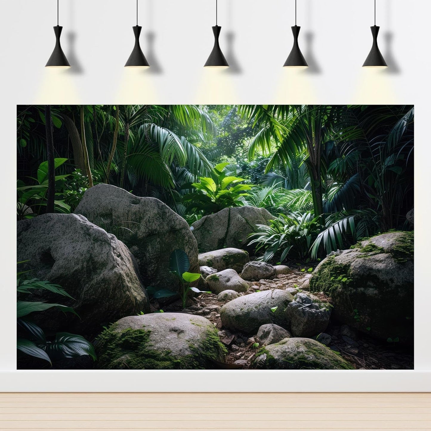 Reptile Habitat Backdrop Lush Tropical Plants and Rocks Terrarium Backdrop Dense Vegetation with Large Broad Leaves and Ferns Fish Tank Background Aquarium Wallpaper Poster Decor Vinyl 36x24in