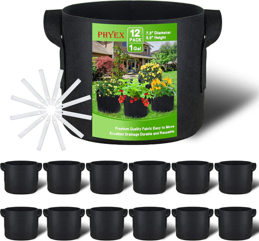 PHYEX 12-Pack 1 Gallon Nonwoven Grow Bags, Heavy Duty Aeration Fabric Pots with Durable Handles, Come with 12 Pcs Plant Labels