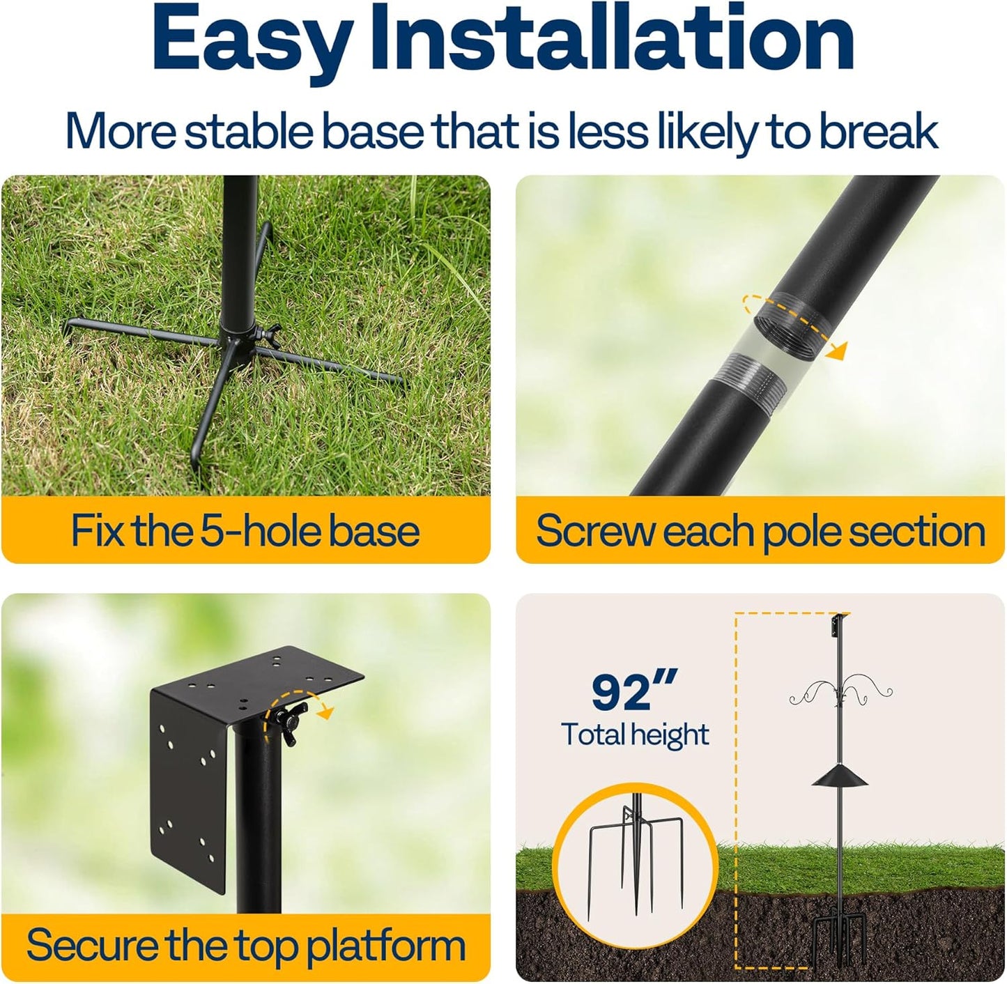 VIVOHOME 92 Inch Bird Feeder Pole with Squirrel Baffle and 4 Hooks, Outdoor Bird House Pole Mount Kit with 5 Prong, Heavy Duty Adjustable Bird Feeder Stand