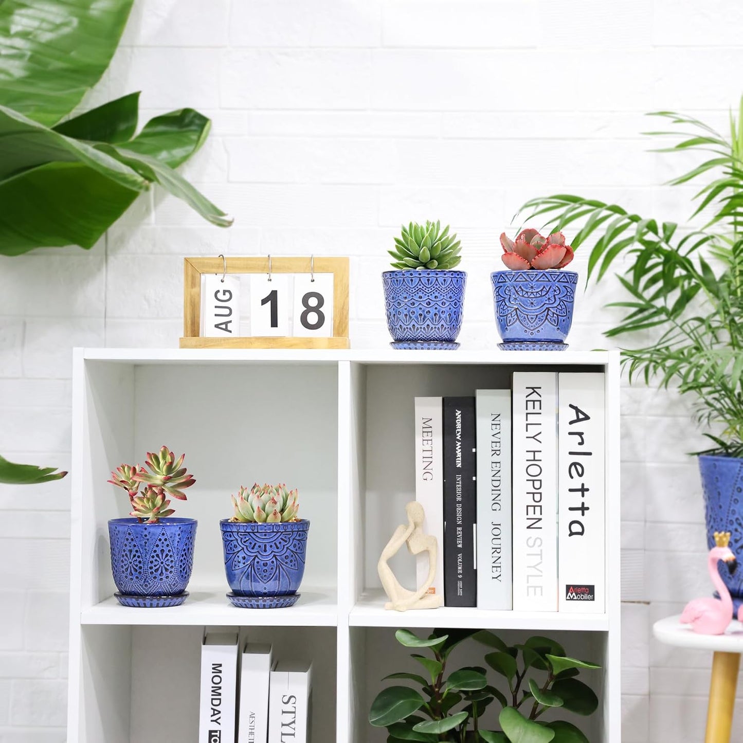 Gepege Succulent Pots, 4 Inch Small Indoor Ceramic Planter Pot with Drainage Holes and Saucers for Plants- Blue - Set of 4