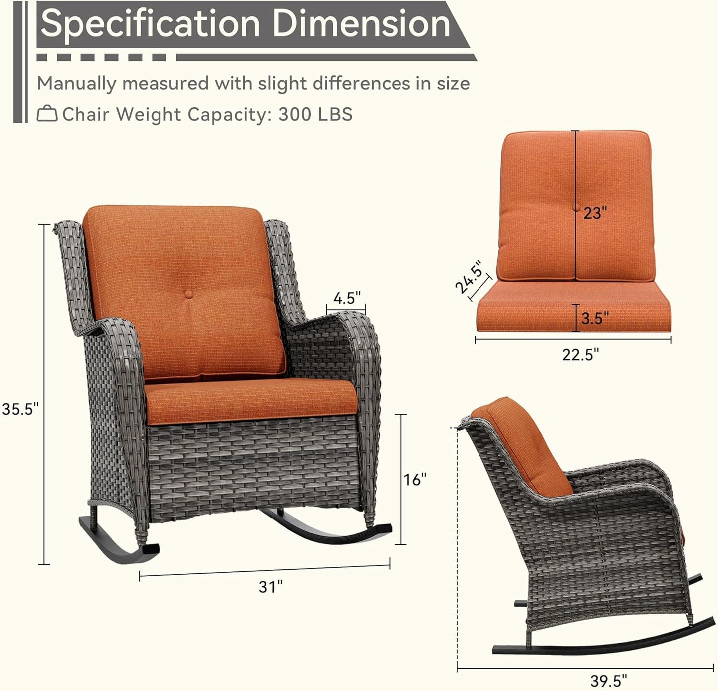 1 PC Outdoor Rocking Chair, Wicker Patio Rocker Chair for Yard, Porch, Mixed Brown Grey Rattan, Orange Cushions