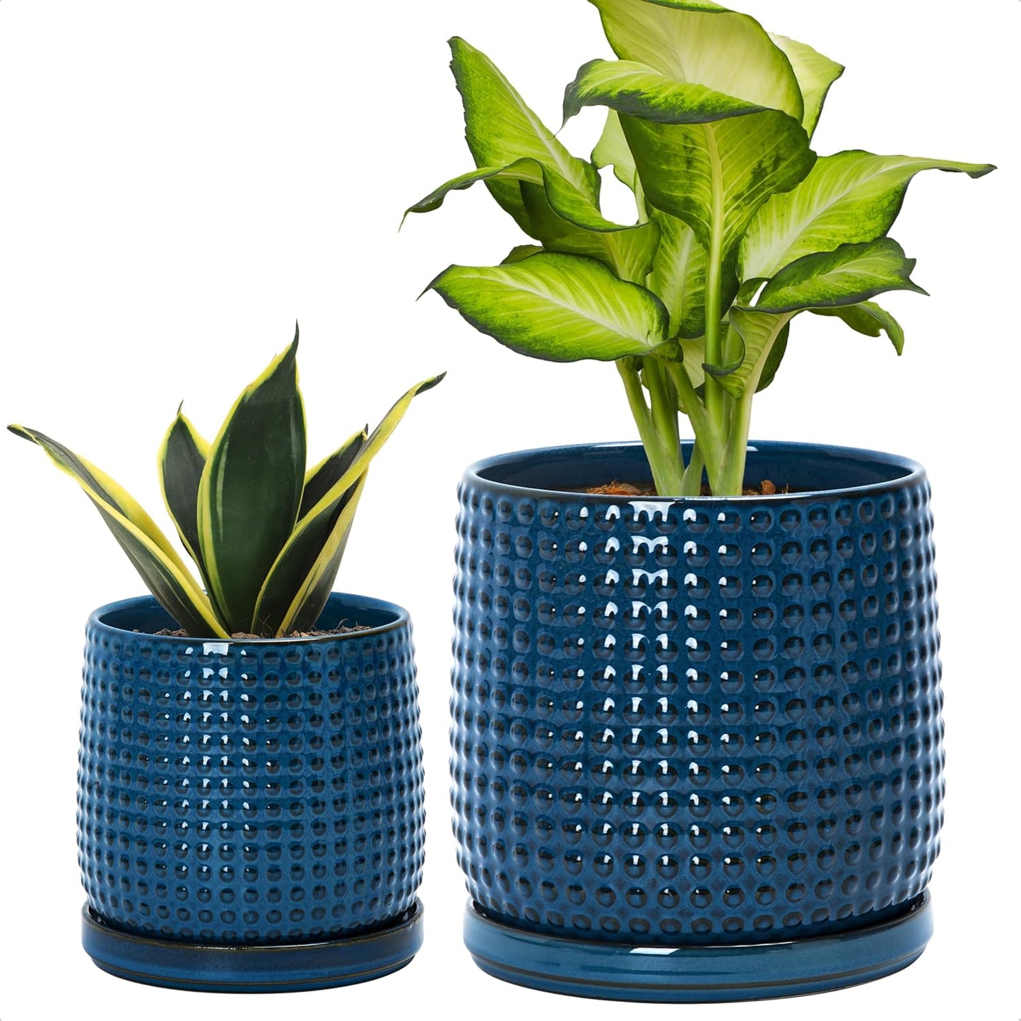 D'vine Dev 6 Inch 4 Inch Ceramic Indoor Planter Pots with Drainage Hole and Saucer, Beaded Design Flower Pots, Set of 2, Blue, 27-D-U-3