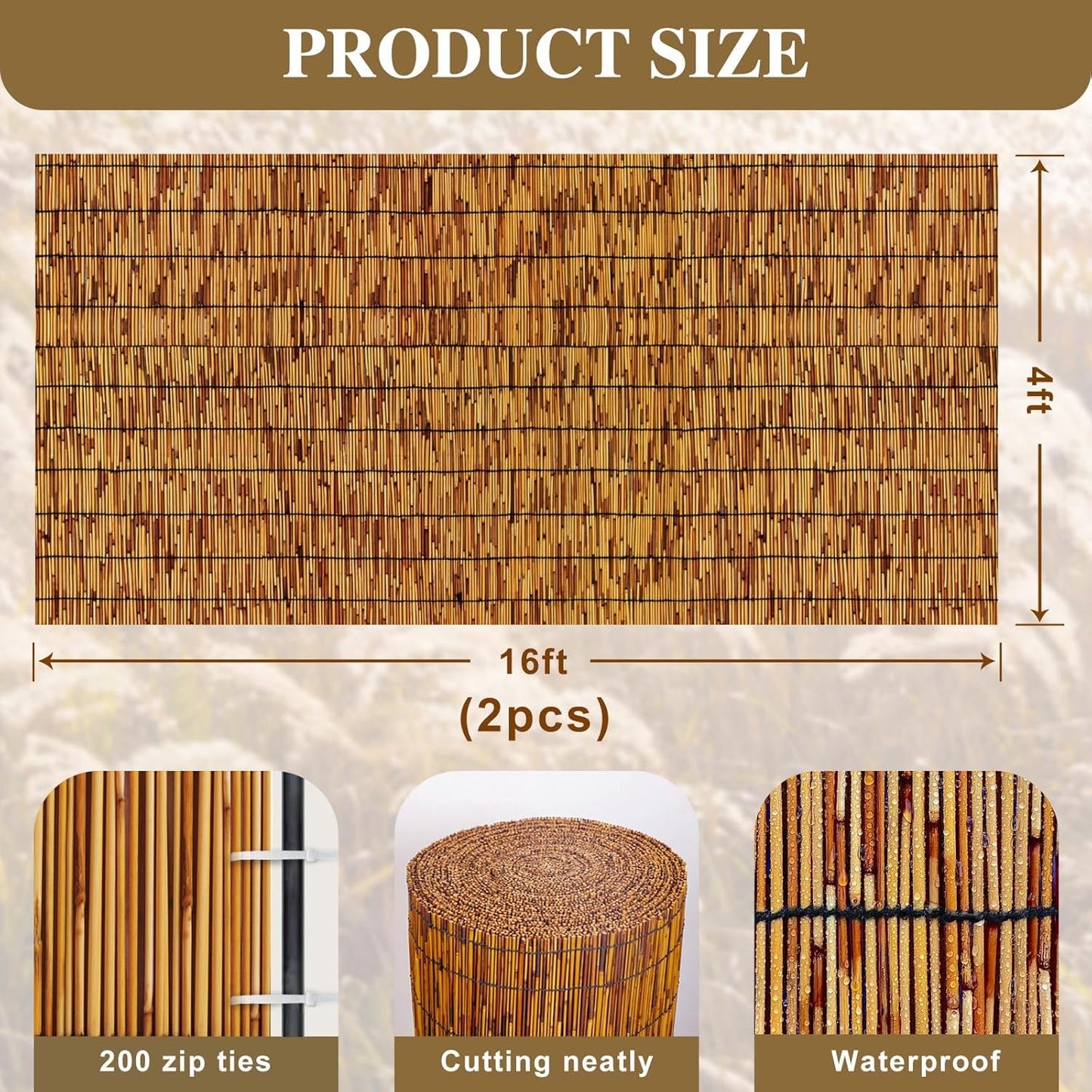 Reed Fencing Rolls,Patio Privacy Screen,Decorative Bamboo Fence Rolls for Patio Balcony Garden Backyard Outdoor,4x16FT(2Pcs)