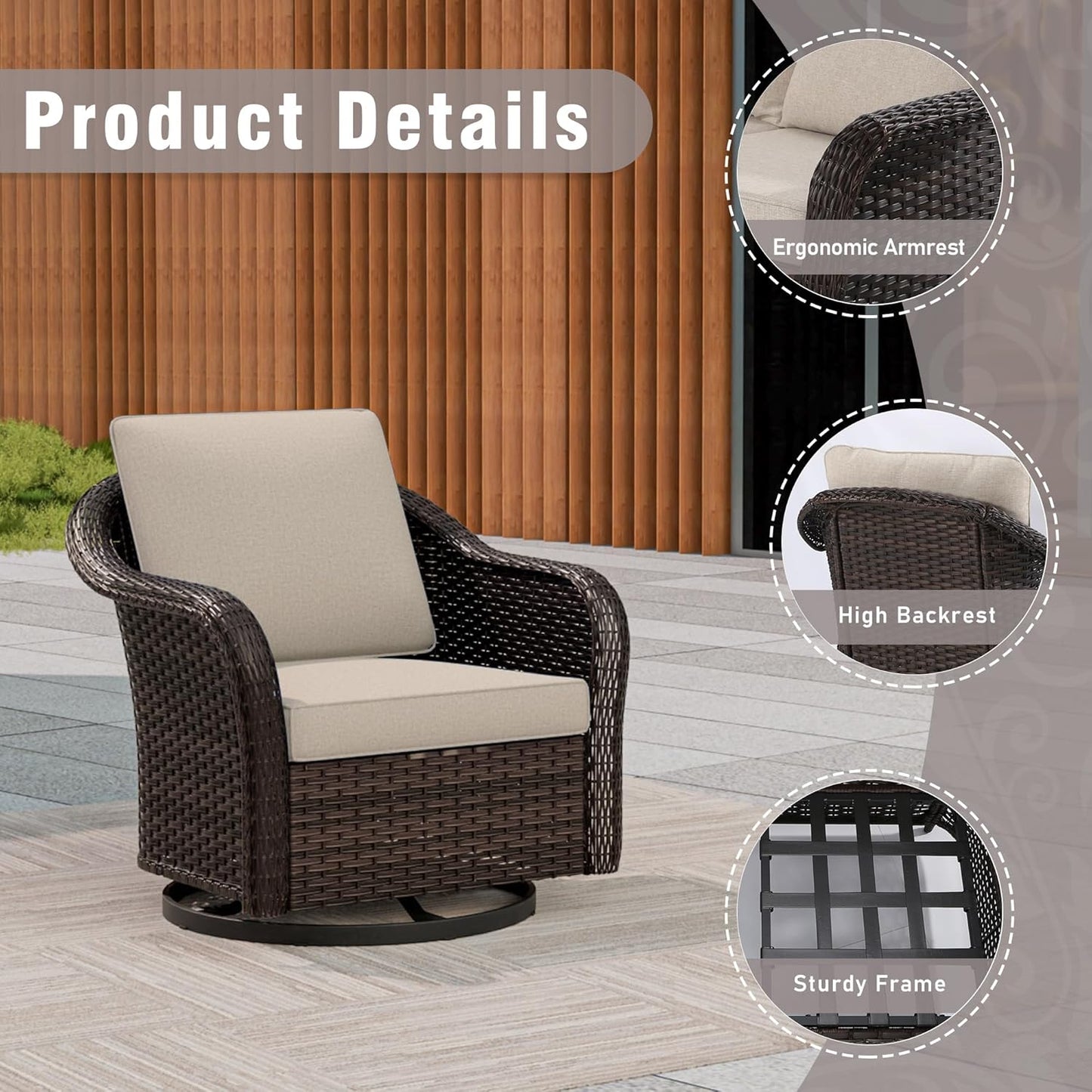 Outdoor Wicker Swivel Chair Set of 2, All-Weather Use Patio Rattan Chair with Seat and Back Cushion, Ideal for Porch, Backyard, Balcony, Poolside, Beige