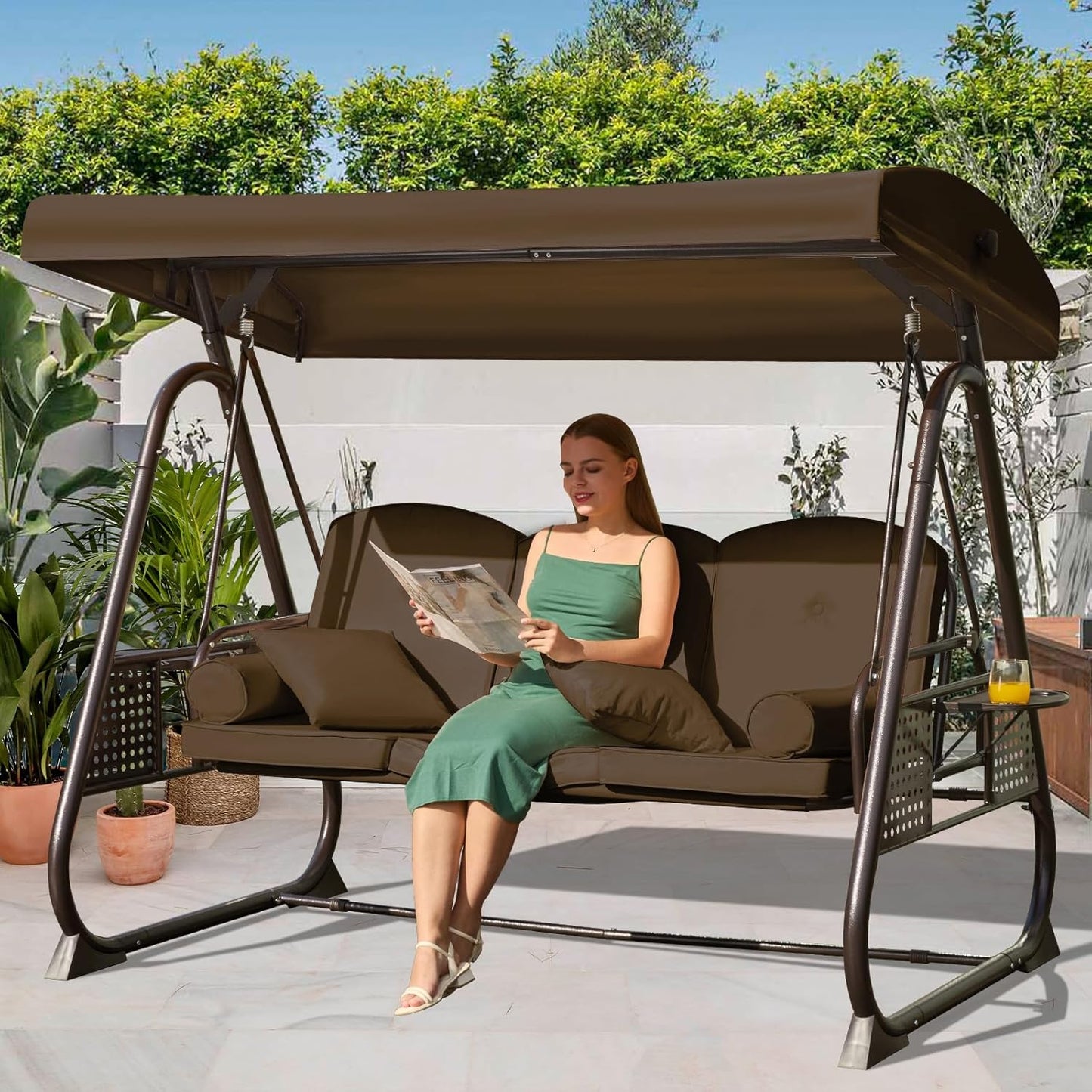 3 in 1 Outdoor Porch Swing with Adjustable Canopy, 3 Seat Outdoor Swing for Adults, Patio Swing Chair with Thickened Cushions,Pillows & Cup Holders for Backyard, Porch, Garden (Brown)