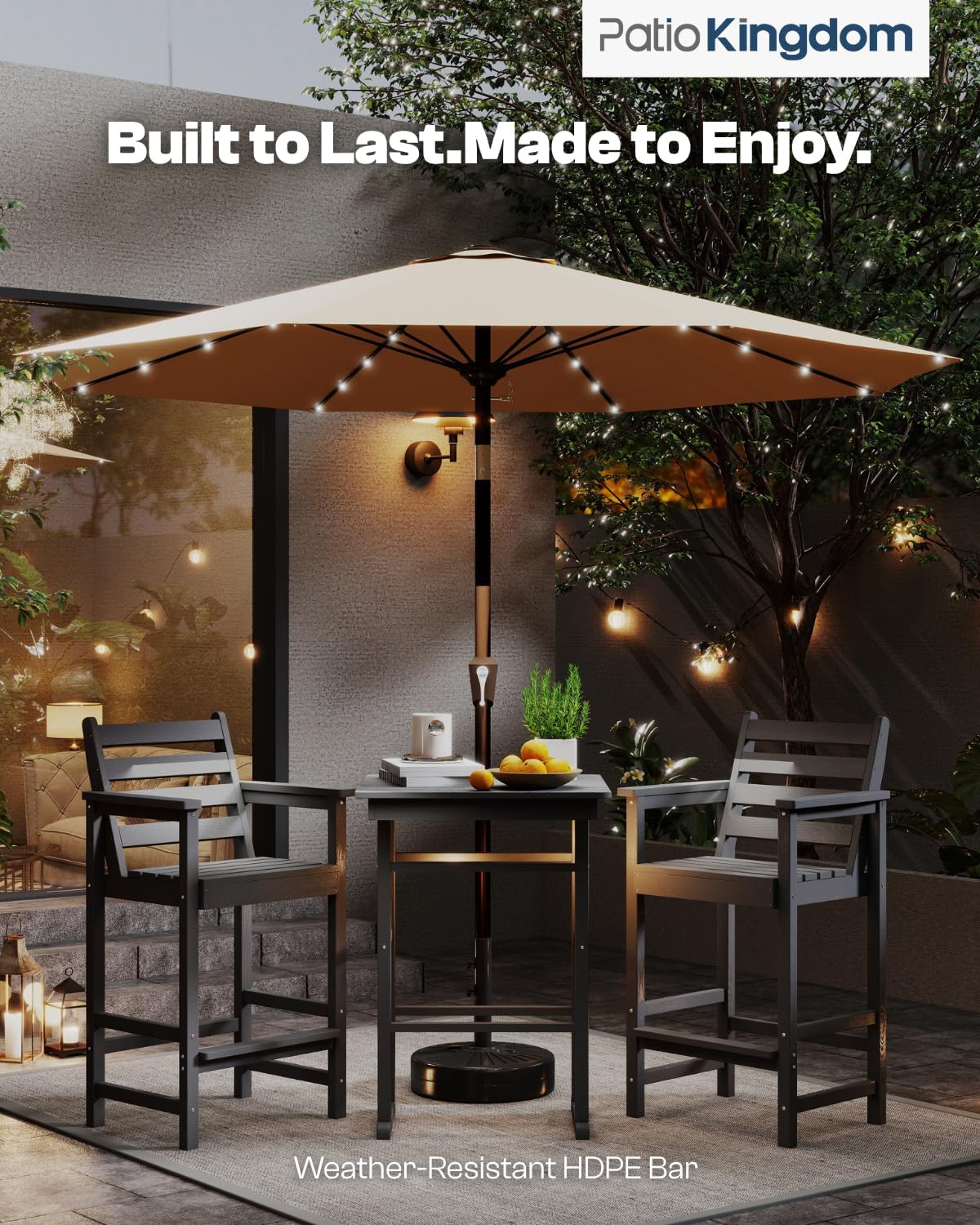 3-Piece Outdoor Bar Set with Beige 9FT Patio Umbrella, HDPE Tall Balcony Adirondack Chairs and Table, All-Weather Outdoor Bar Stools for Patio (Grey)