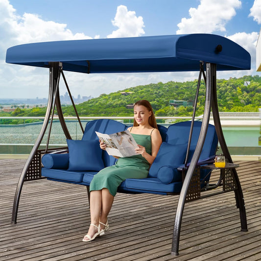 3 in 1 Outdoor Porch Swing with Adjustable Canopy, 3 Seat Outdoor Swing for Adults, Patio Swing Chair with Thickened Cushions,Pillows & Cup Holders for Backyard, Porch, Garden (Blue)