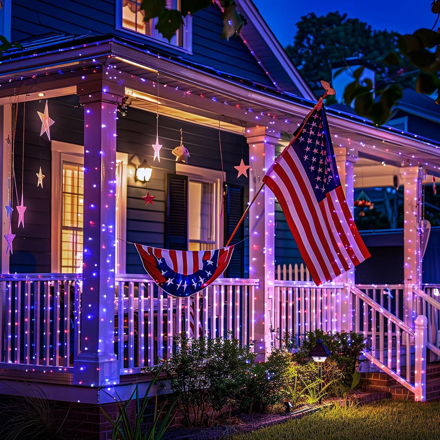 JMEXSUSS 2 Pack Red White and Blue Solar Lights, Each 100 LED 33FT Solar Fairy Lights Outdoor Waterproof, 4th of July Solar String Lights for Independence Day Outside Decorations