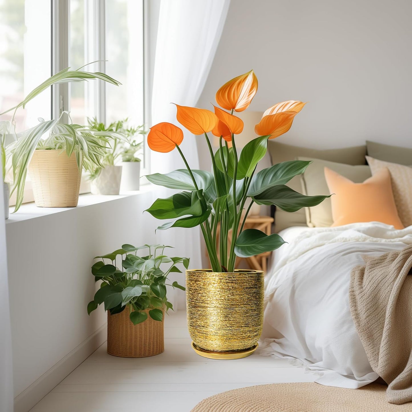 Ceramic Flower Pot for Indoor Plants - 10 Inch Plant Pot with Drainage Hole and Saucer, Decorative Round Outdoor Indoor Planter, Housewarming Gifts, Home Garden Decor, Gold