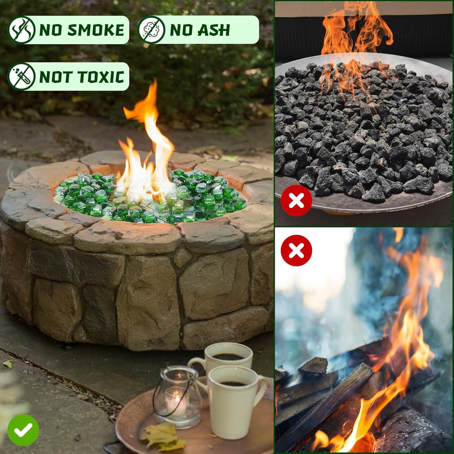 Fire Pit Glass Rocks Square, Fire Glass Cubes, Tempered Firepit Stones for Fireplace, Firepit Table Indoor or Outdoor, Replacing Traditional Burning Wood 10 pounds, Green Reflective