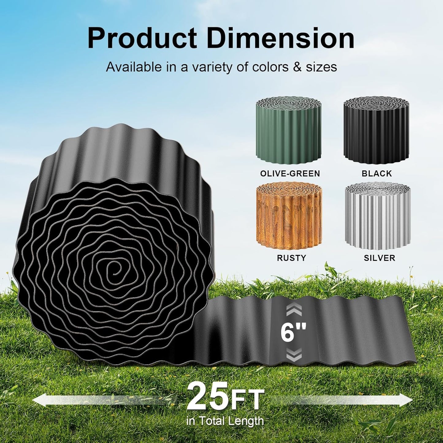 Land Guard Corrugated Garden Edging Border, 6"×25' Landscape Paver Edging, Tall Landscape Edging, Fence for Garden, Flower Bed, Lawn and Landscape Edging (Black)