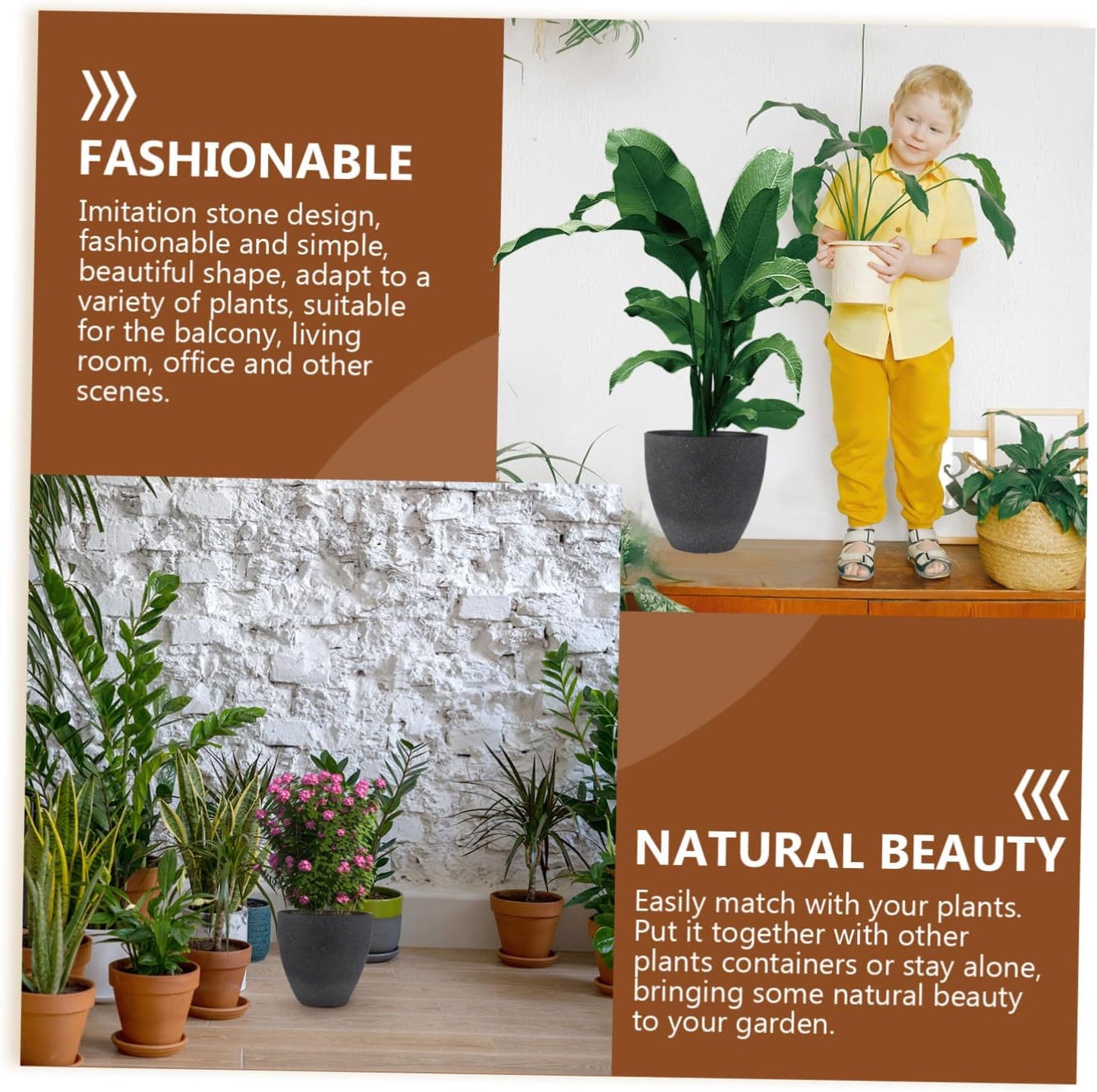 Black Resin Flower Pot Large Round Succulent Planter for Indoor Outdoor Use Frost-Resistant Plants Container for Home Desk Bathroom Decor