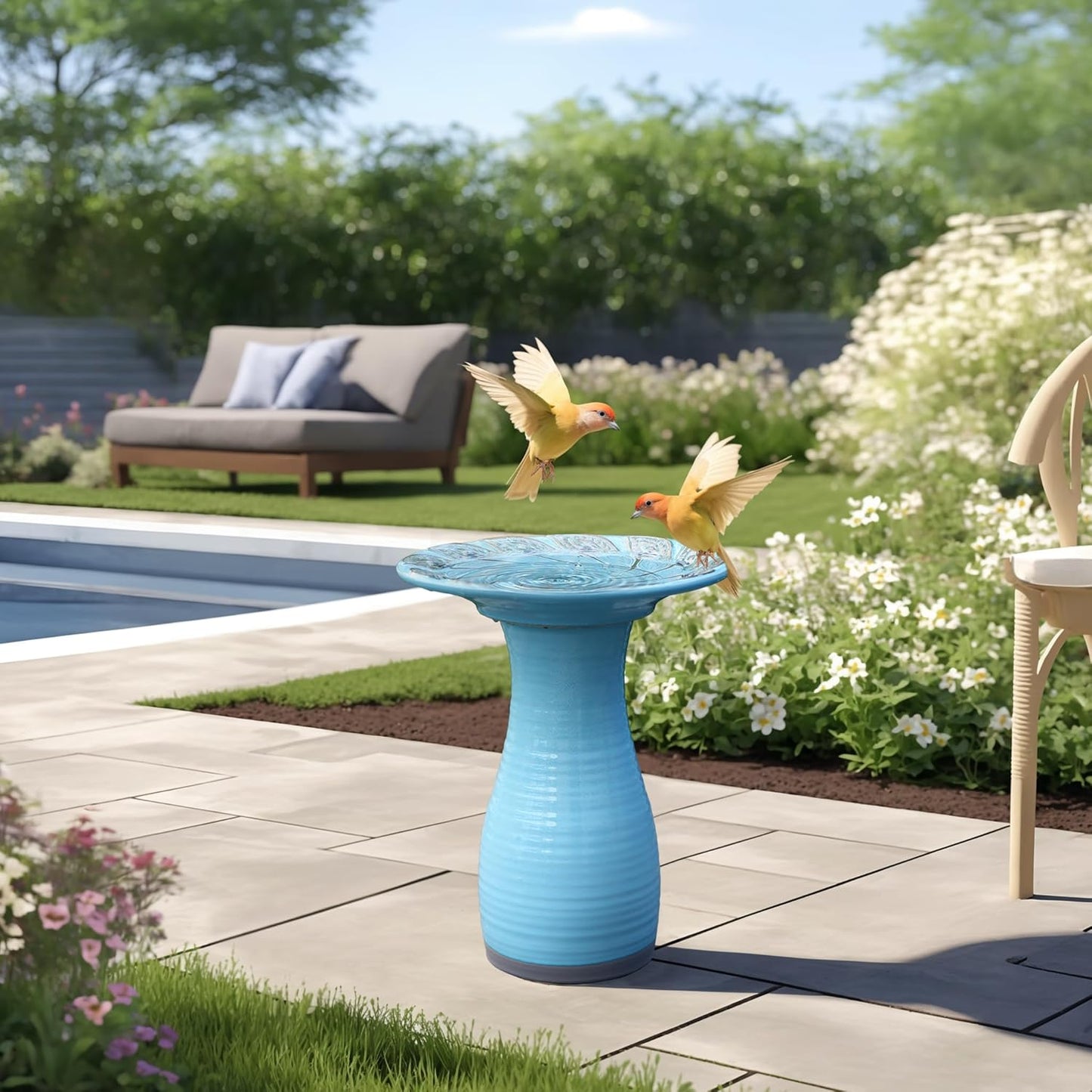 LuxenHome 20 Inch Ceramic Bird Bath for Outside, Elegant Tall Outdoor Bird Bath, Lightweight Pedestal Glazed Birdbaths for Outdoors with Leaf Pattern, Sky Blue