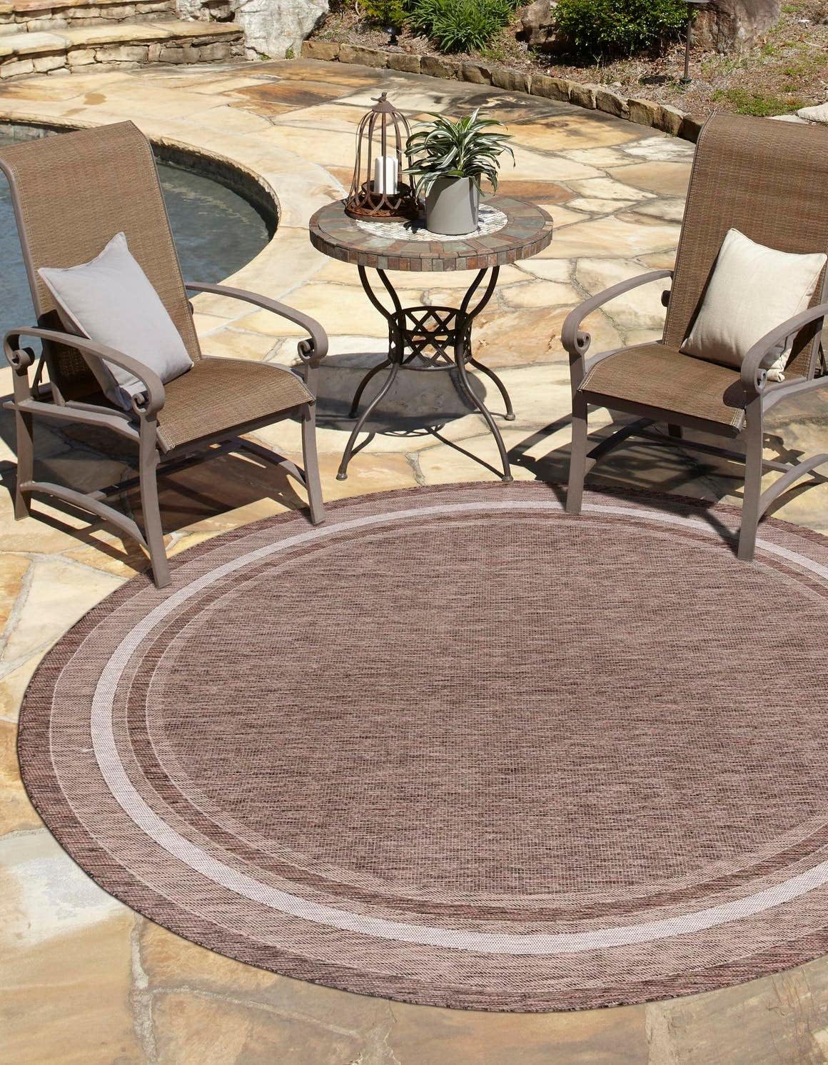 Unique Loom Outdoor Border Collection Area Rug - Soft Border (10' Round Brown/Ivory)