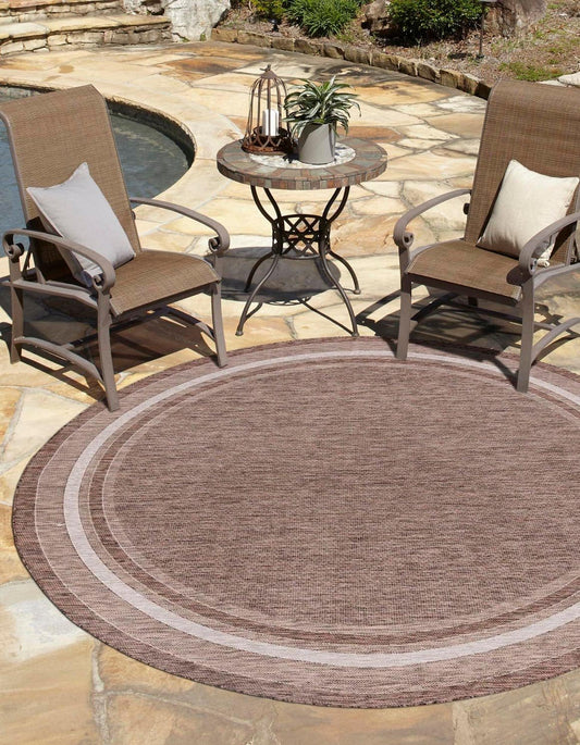 Unique Loom Outdoor Border Collection Area Rug - Soft Border (13' Round, Brown/ Ivory)