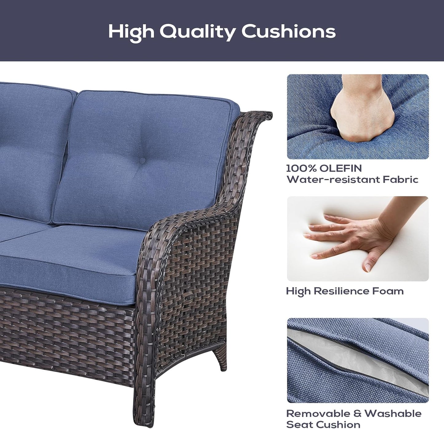 Outdoor Furniture Sectional Sofa L Shaped Couch - Patio Wicker Set with 2 Swivel Glider Chairs, 8 Piece Rattan Patio Conversation Sets with Blue Cushion for Deck Backyard Sunroom