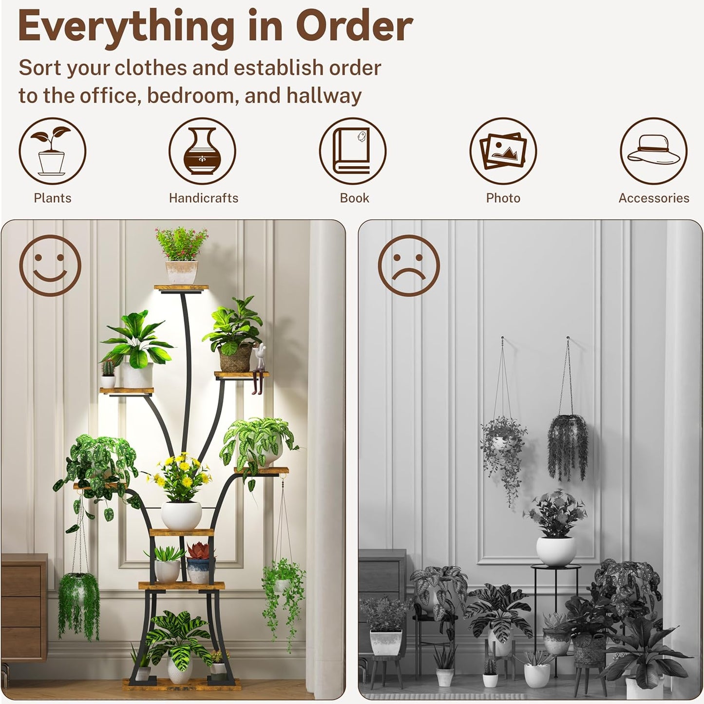 64" Tall 8 Tiered Plant Stand Indoor with Grow lights Large Tree Shape Decorative Rack Plant Pot Holder Gardening for Living Room Corner Black