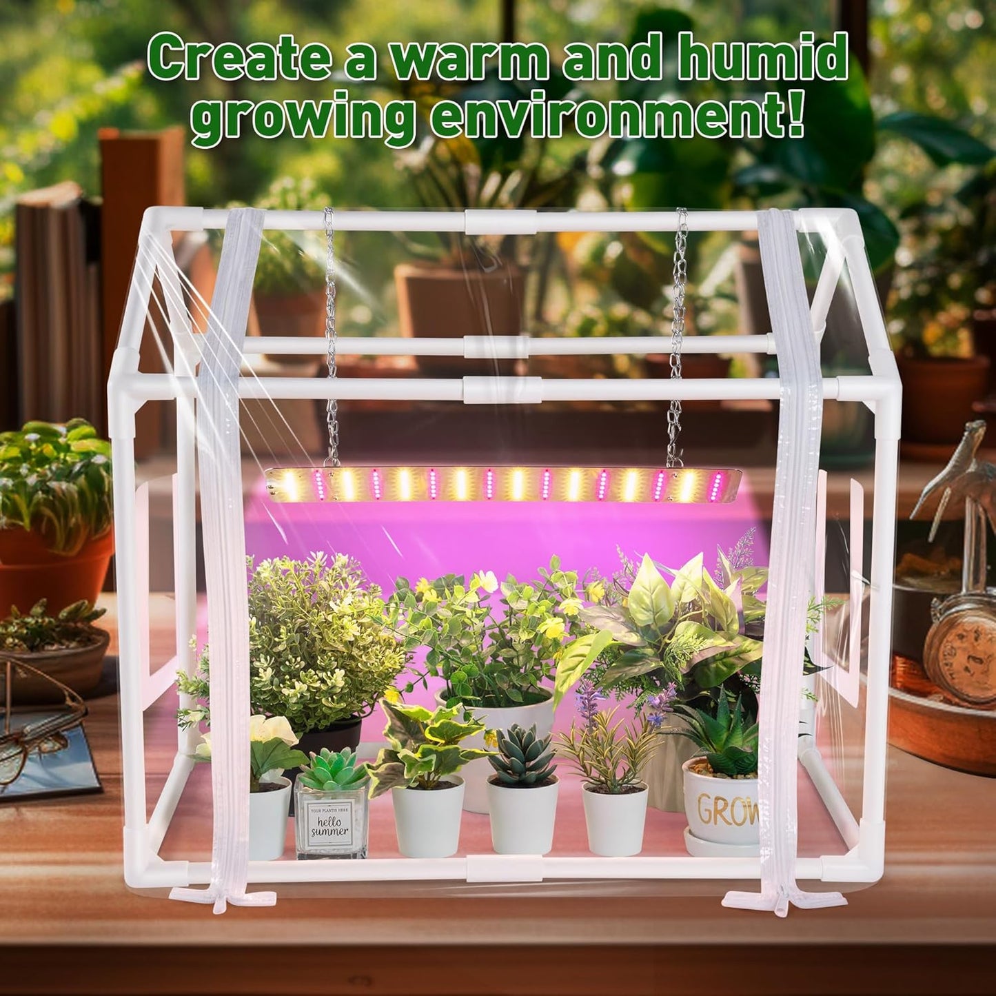 Meonum Mini Greenhouse with Grow Light for Indoor, 23.6 x15.7 x19.6 Tabletop Small Greenhouse Kit with 15W Plant Dimmable LED Grow Lights and Timer, 3 Light Color Mode for Seed Starter Tray