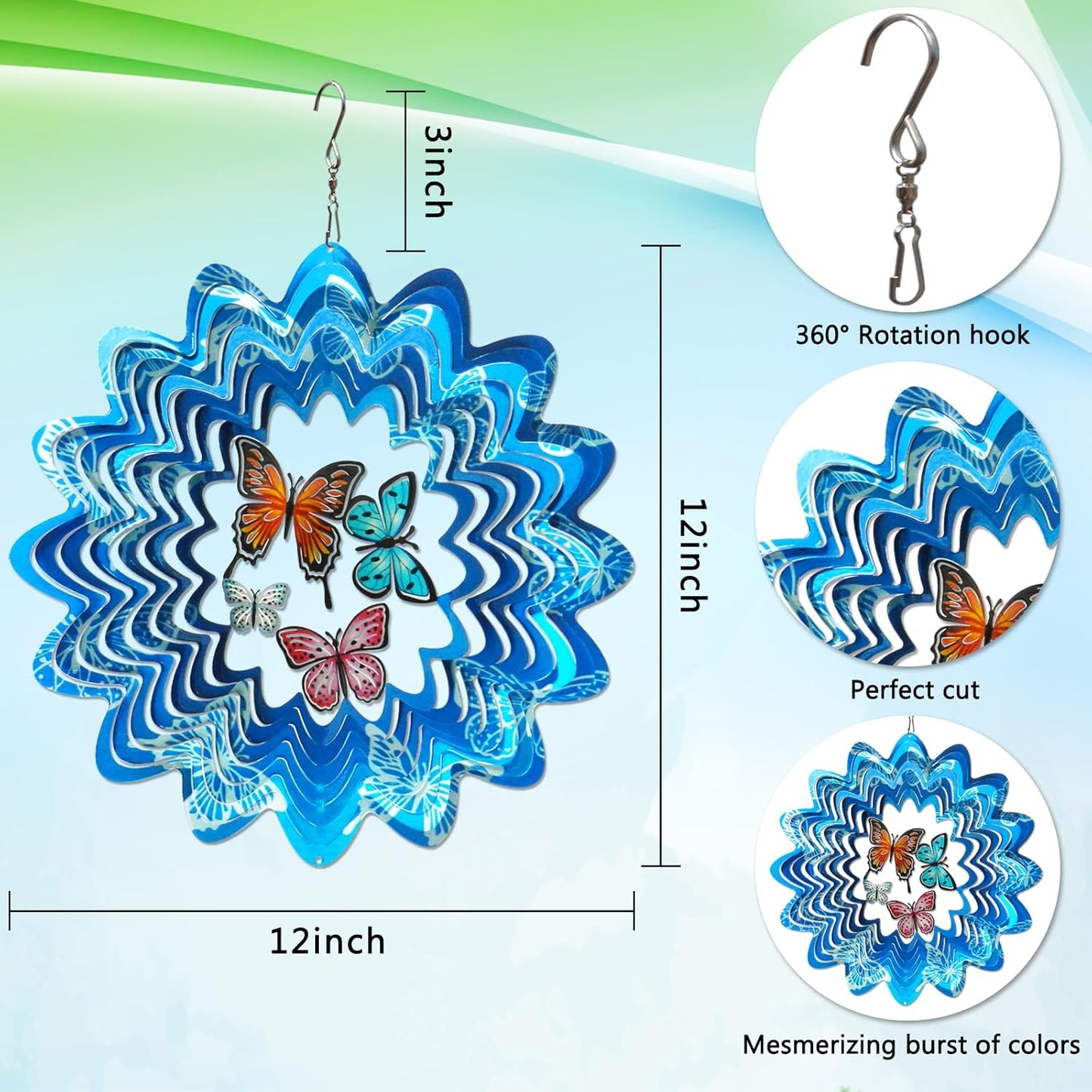 Goolyrusim Wind Spinner Outdoor, Butterfly Wind Spinner, 12in Laser Cut Stainless Steel Hanging Wind Sculptures, Garden Decoration Yard Decor, Butterfly Gifts for Women Mom Wife Girl Sister Grandma