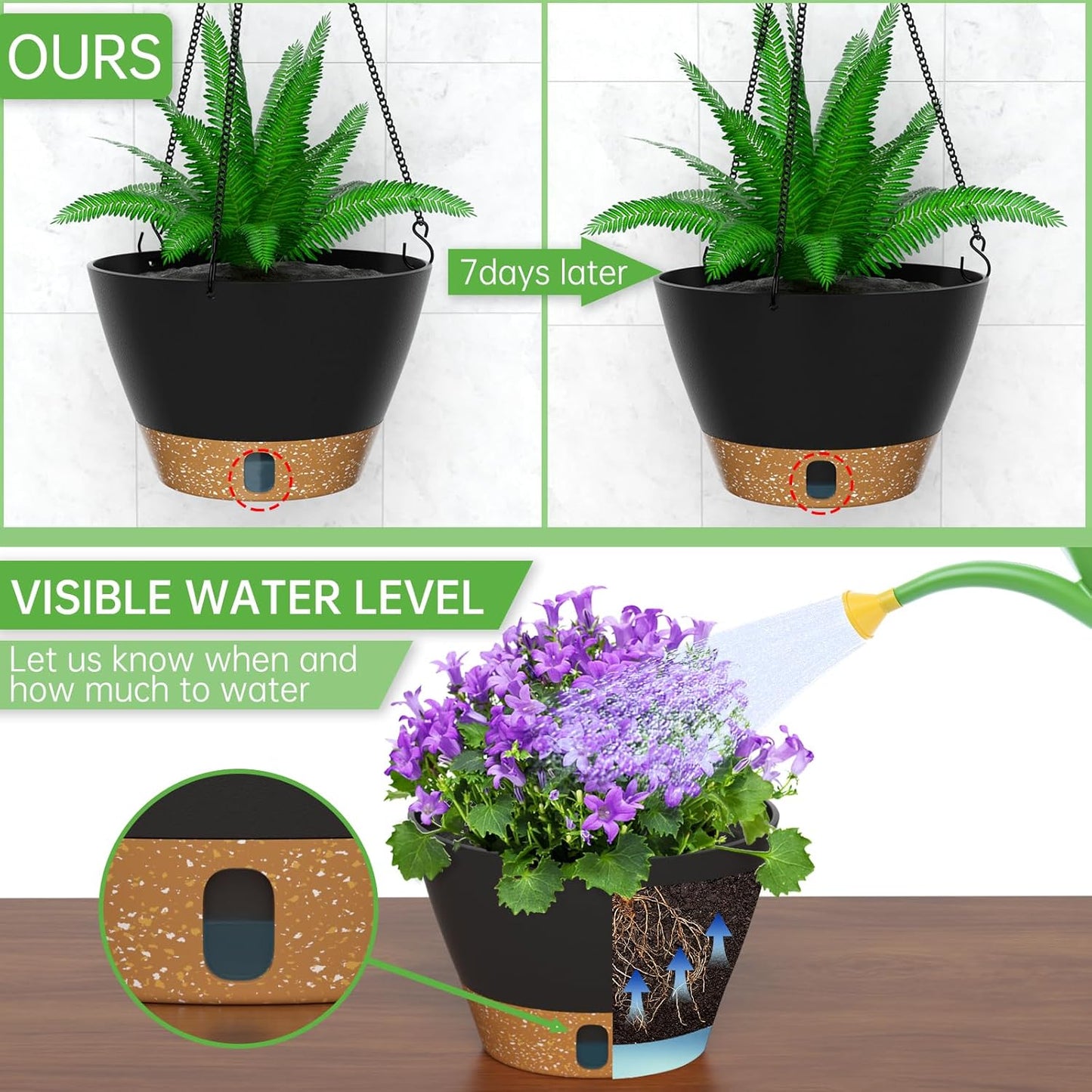 ZMTECH 8 Inch Hanging Planters for Indoor Plants, Hanging Baskets for Plants Outdoor with Visible Water Level, Hanging Flower Pots with Drainage Holes & Removable Tray(2 Pack, Gray)