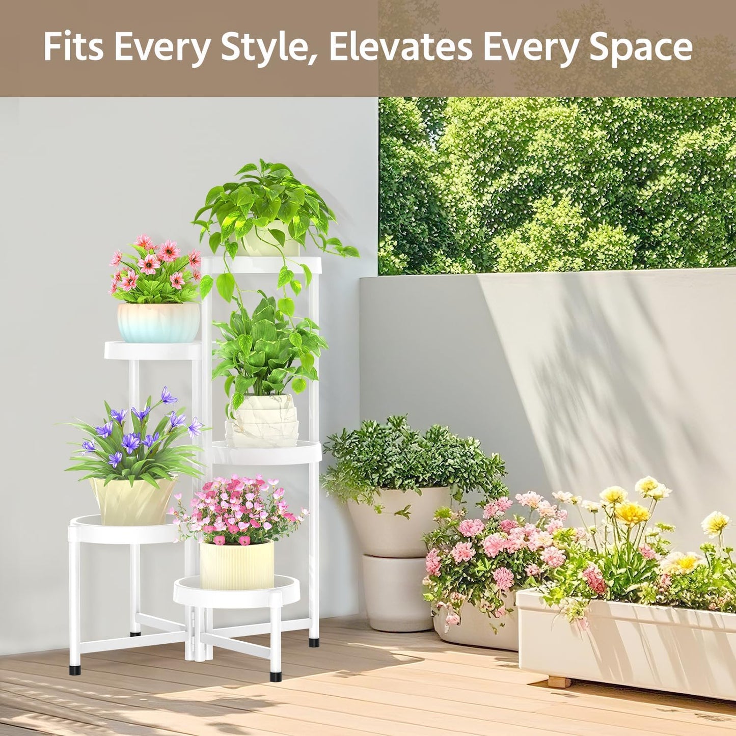 LASZOLA 5 Tiered Folding Plant Stand Indoor for Multiple Large Planter, Tall Heavy Duty Adjustable Rack with Rust Proof Plastic Shelving, Sturdy Vertical Tree Organizer for Narrow Inside Floor, White