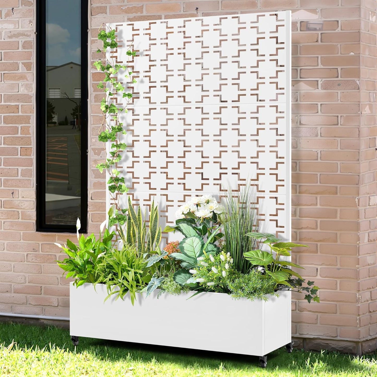 Raised Garden Bed with Trellis and Wheels,73"x47"x16" Metal Raised Garden Bed,White Squared Metal Planter with Climbing Trellis for Vines & Vegetables