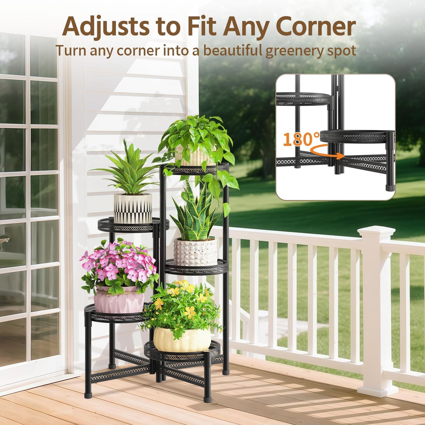 LASZOLA 5 Tiered Folding Tall Plant Stand for Indoor Outdoor Corner, Larger Heavy Duty Metal Adjustable Multiple Rack with 10 Inch Wide Hollow Tray, Flower Planter Holder for Modern House Patio, Black