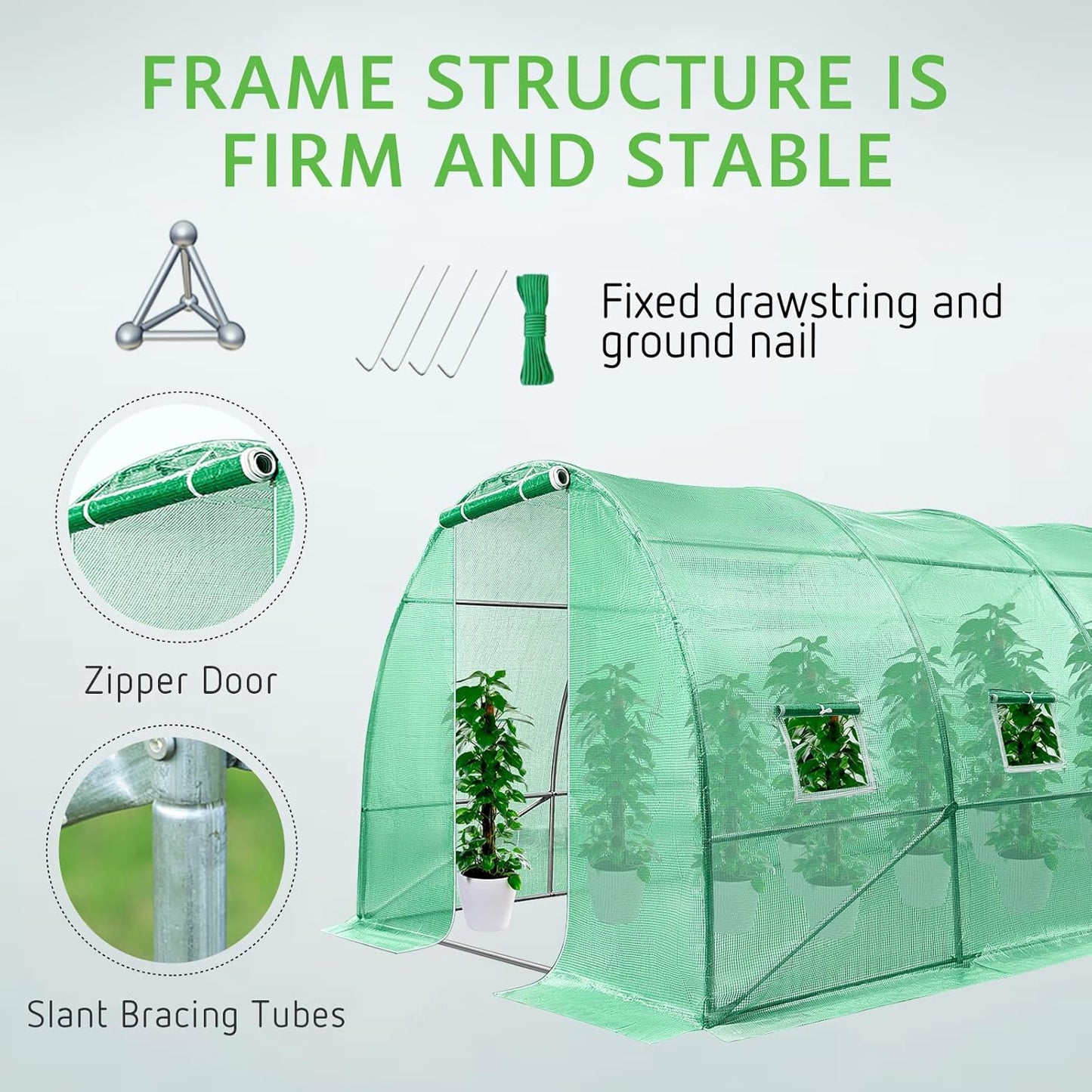VIVOSUN 20x10x7 Ft. Large Walk in Greenhouse, Greenhouse Tunnel, Garden Plant Hot House with Green PE Cover, Roll-up Zipper Door and Window for Outdoor