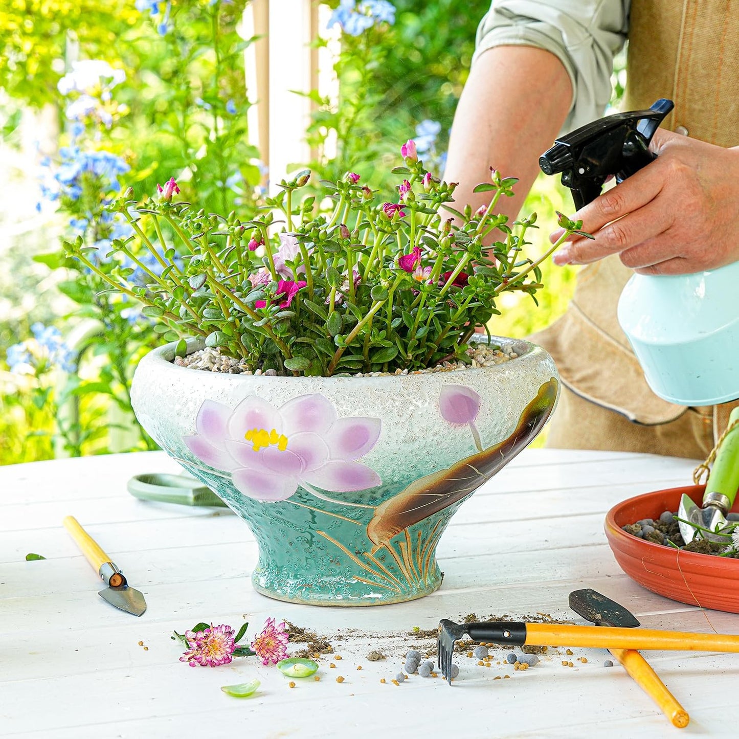 Sungmor 9.6 Inch Large Succulent Plant Pots, Pretty Hand Painted Ceramic Planter with Drainage, Indoor Outdoor Cactus Planter Bonsai Pot, Flower Pot for Indoor Plants Garden Windowsill Desktop Decor