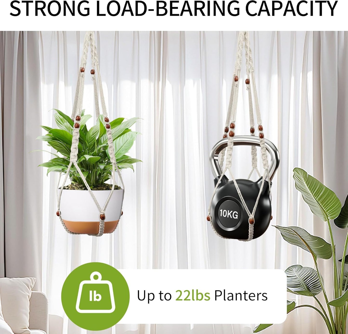 43 Inch Macrame Plant Hanger - Fits 6-15 Inch Pots, Extra Long Hanging Planter Holder for Indoor Outdoor, with Red Wood Beads, Boho Home Decor, 2 Pack, Ivory (POTS NOT Included)