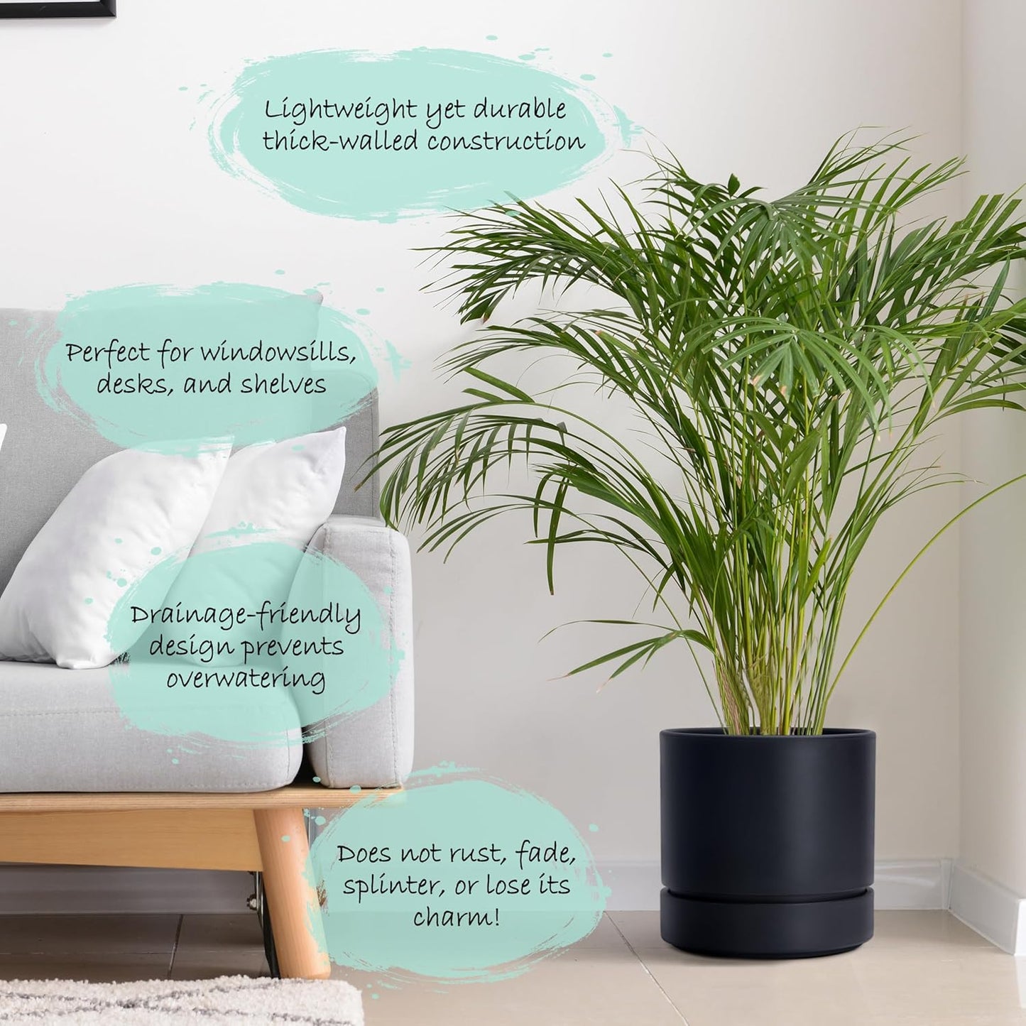 Phoenix Vine 8 Inch Planter Pot with Drainage Hole & Saucer, Deep Water Catch Tray, Straight Cylindrical Round Pot for Plants, Matte Black, Pack of 1, 23-C-T-1