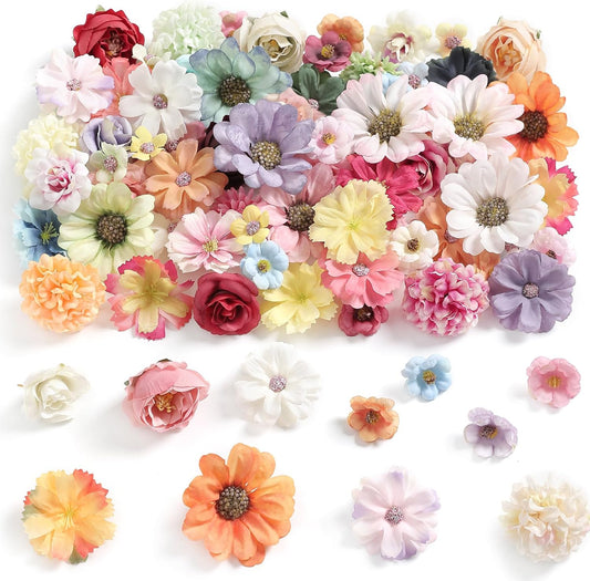 Faux Flower Heads Mini Multi Color Artificial Flower Heads Fake Peony Daisy Rose Flowers Multicolor Small Silk Daisy Flower Heads for Craft Garland Wedding Party DIY Home Decoration,2-4 cm