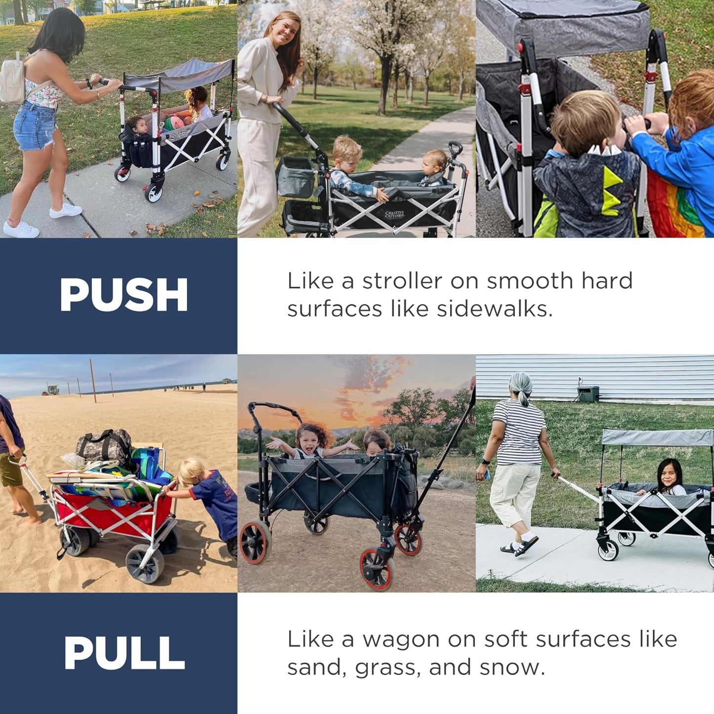 Creative Outdoor Wagon for Kids Push Pull Collapsible Stroller with Canopy Folding Cart | Titanium Series Plus | Beach, Park, Garden (Solid Navy Blue)